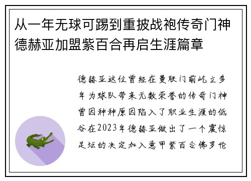 从一年无球可踢到重披战袍传奇门神德赫亚加盟紫百合再启生涯篇章